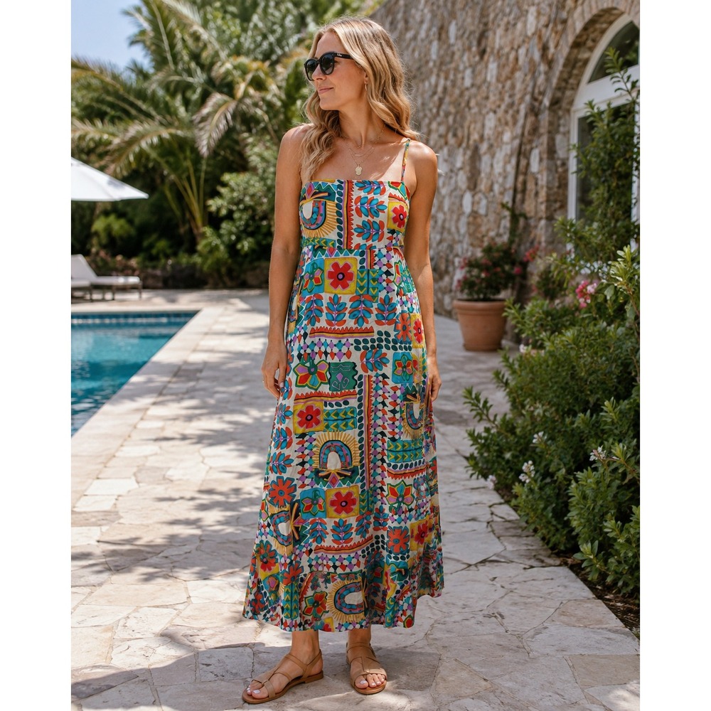 Paper Heart Aztec Sunrise Santana Vacation Resort Floral Maxi Dress Geo Small